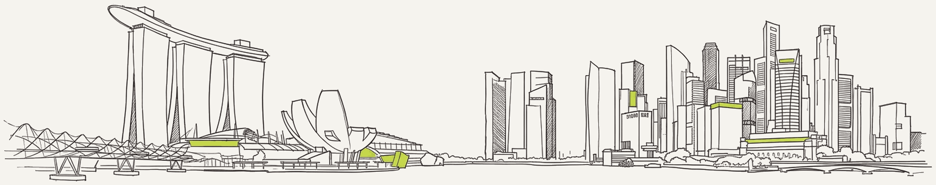 Line drawing of the Singapore skyline across Marina Bay, from the Helix Bridge and Marina Bay Sands to the Central Business District towers.